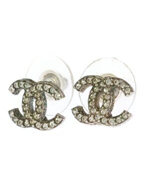 Chanel CC Logo Rhinestone Earrings 15c Silver